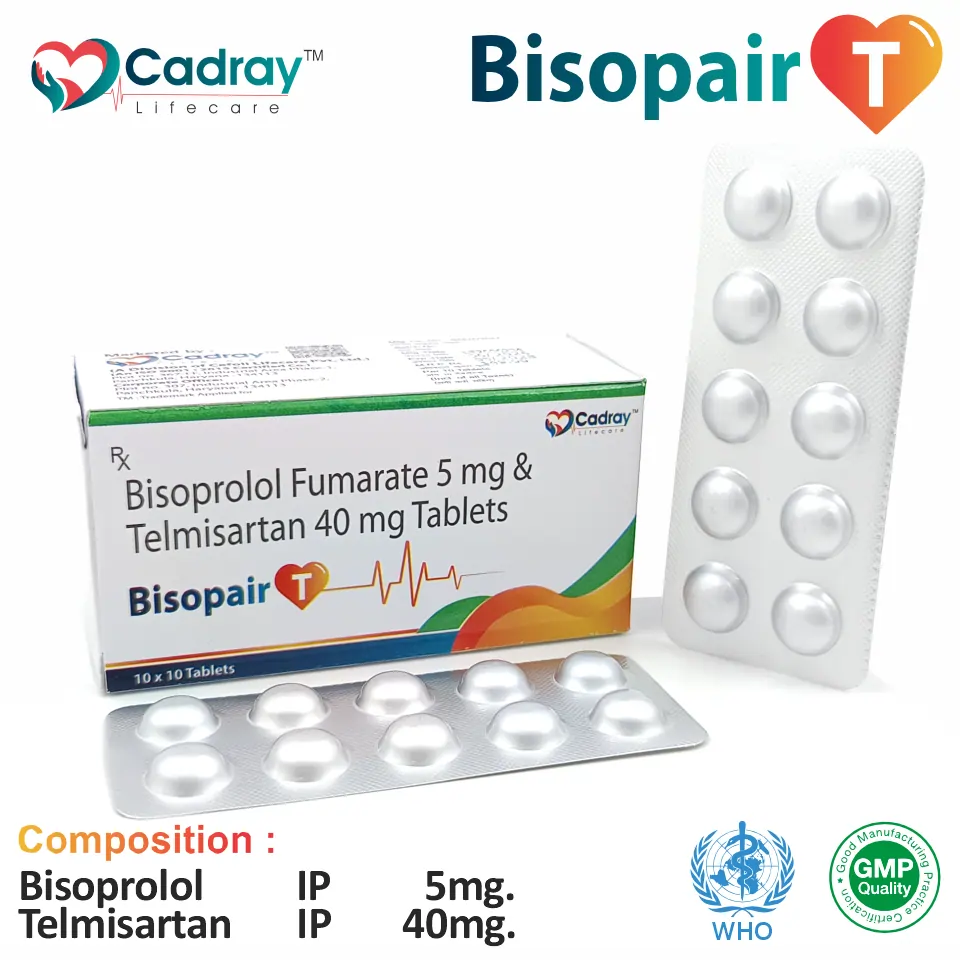 Bisopair T Tablet supports hypertension & heart health with Bisoprolol 5mg & Telmisartan 40mg. WHO GMP certified, available at the best price for PCD pharma franchise & third-party manufacturing.